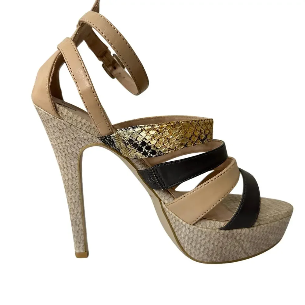 Penny Loves Kenny Womens 8.5M Stiletto heels‎ Sandals Black Tan Ankle Strappy - Picture 6 of 13